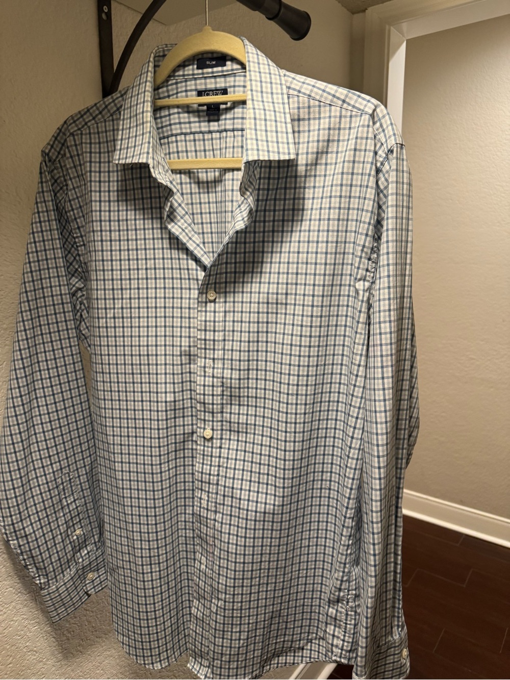 J. Crew Men’s Light Blue and White Checked Dress Shirt